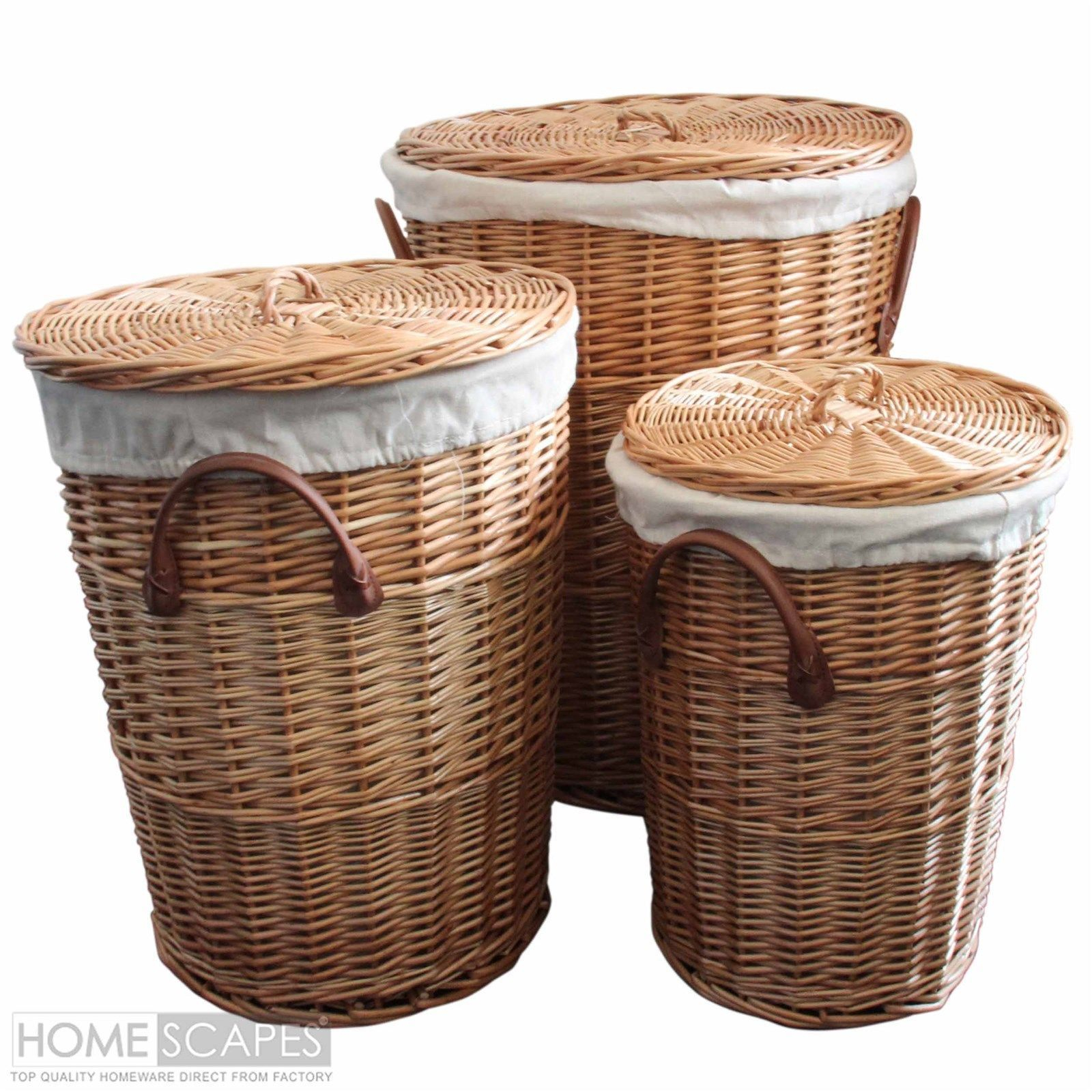 Set Of 3 Natural Round Willow Wicker Laundry Baskets within proportions 1600 X 1600