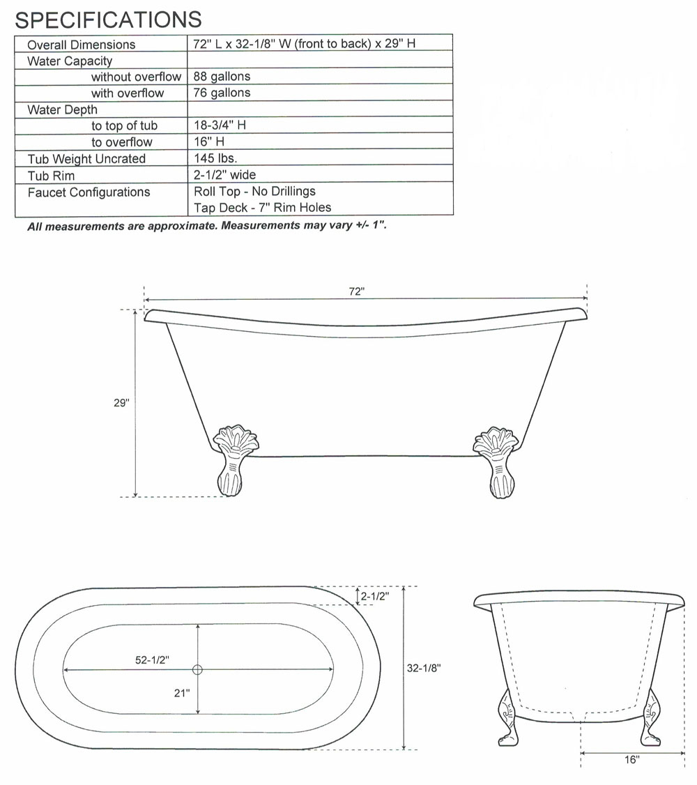 average size of a clawfoot tub