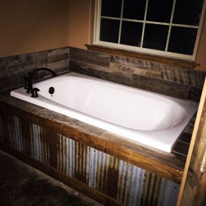 Our Rustic Bath Tub Metal Tin In Front With Barn Wood Tile Back intended for sizing 1224 X 1224